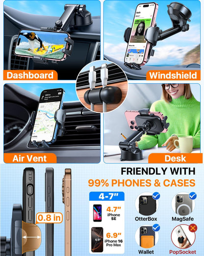 2026 Ultimate Best【True Military-Grade & Safety Cert】Car Phone Holder HTU【Upgraded 360 Rotation & 100+LBS Strongest Suction】5-in-1 Truck Windshield Dashboard Vent Mount Stand for iPhone Android, Black