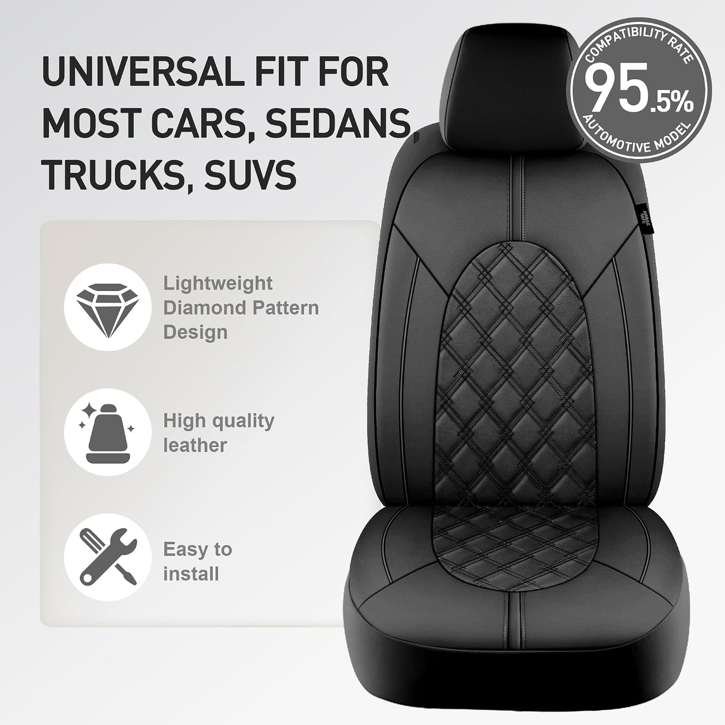 CAROMOP Luxury PU Leather Car Seat Covers Full Set-Waterproof Seat Protectors with Split Bench Seat Covers for Cars-Universal Cars Interior Covers for Sedans, SUVs, Pick-up Trucks(Gray/Gray Line)
