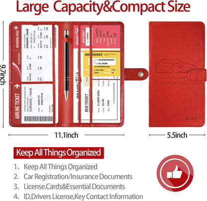 Car Registration and Insurance Card Holder with Magnetic Closure, Leather Vehicle Glove Box Automobile Documents Paperwork Wallet Case Organizer for ID, Driver's License, Key Contact Information Cards