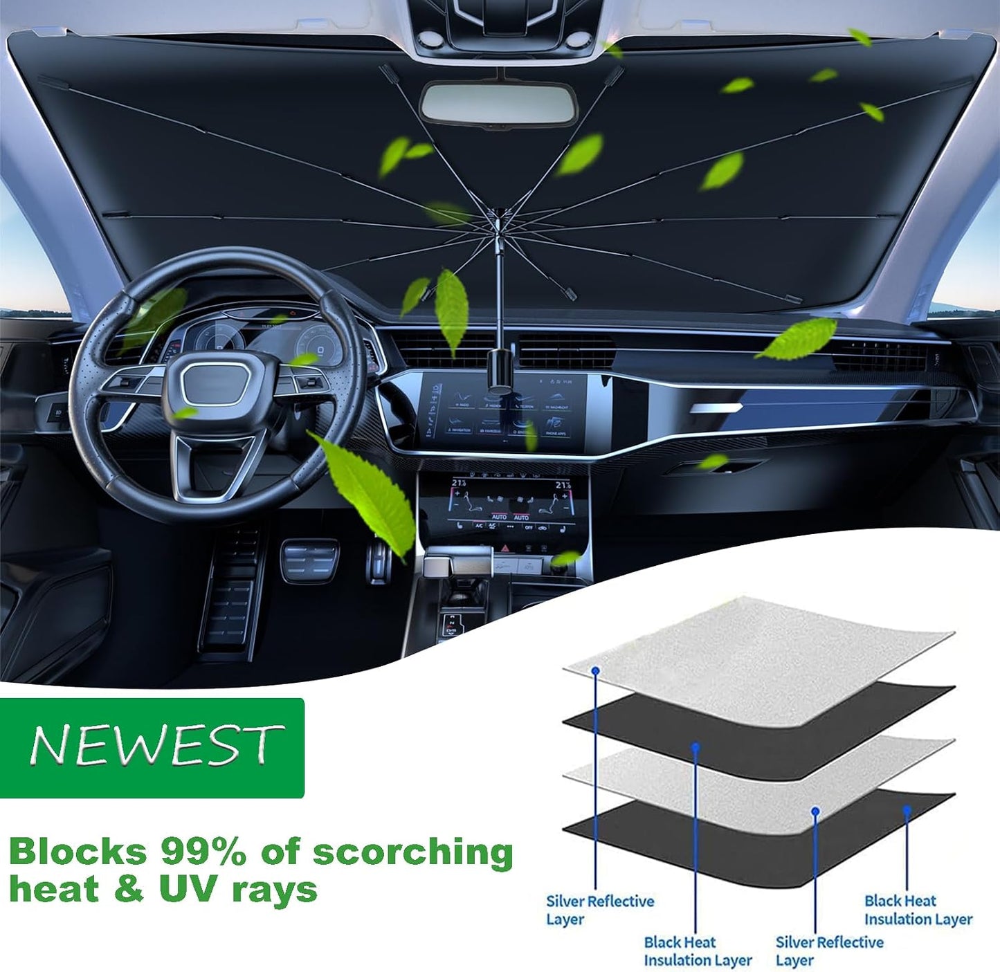 Windshield Sun Shade 2025 Car Accessories 100% Blackout Car Front Windsow Shades Umbrella Automotive Sun Visor Block Heat Insulation Protection (Black Eyes)