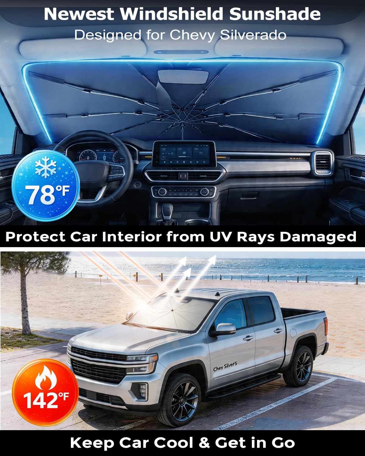 DMJN Umbrella Windshield Sun Shade - Medium, Car Sunshade for Front Windshield [Nano Ice-Crystal Coatings] UPF50+ Heat & UV Block, Protect Interior & Keep Cooler Universal for Car, SUV, Truck