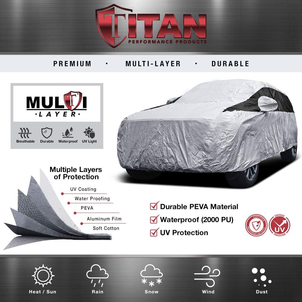 Titan Premium Multi-Layer PEVA Car Cover for Compact SUV 170-187". Waterproof, UV Protection, Anti-Scratch Protective Lining, Driver-Side Zippered Opening. Fits Rav4, Rogue, CR-V and More.