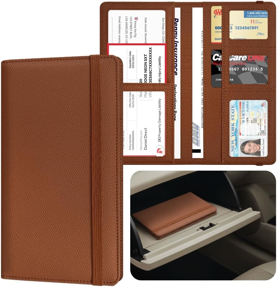 LINTRU Car Insurance and Registration Card Holder, Fits Folded Registration Papers, Double-Stitched Rigid Backing, Secure Elastic Closure, Vehicle Document Organizer, Car Accessories for Men & Women