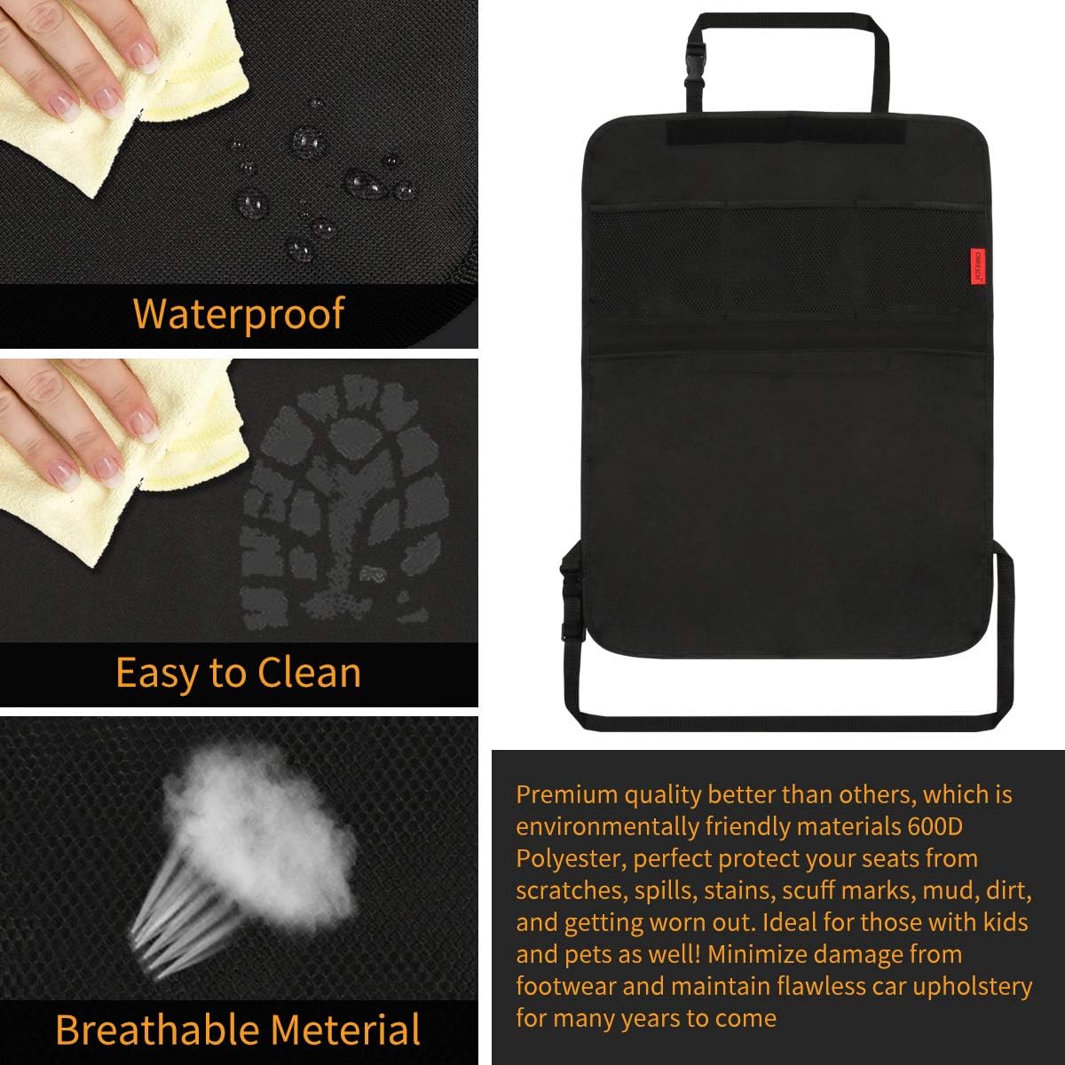 Kaiphy Car Backseat Organizer Premium Quality Car Kick Mats with 10" Tablet Holder - Extra Large Pocket- Sturdy Top 2Pack