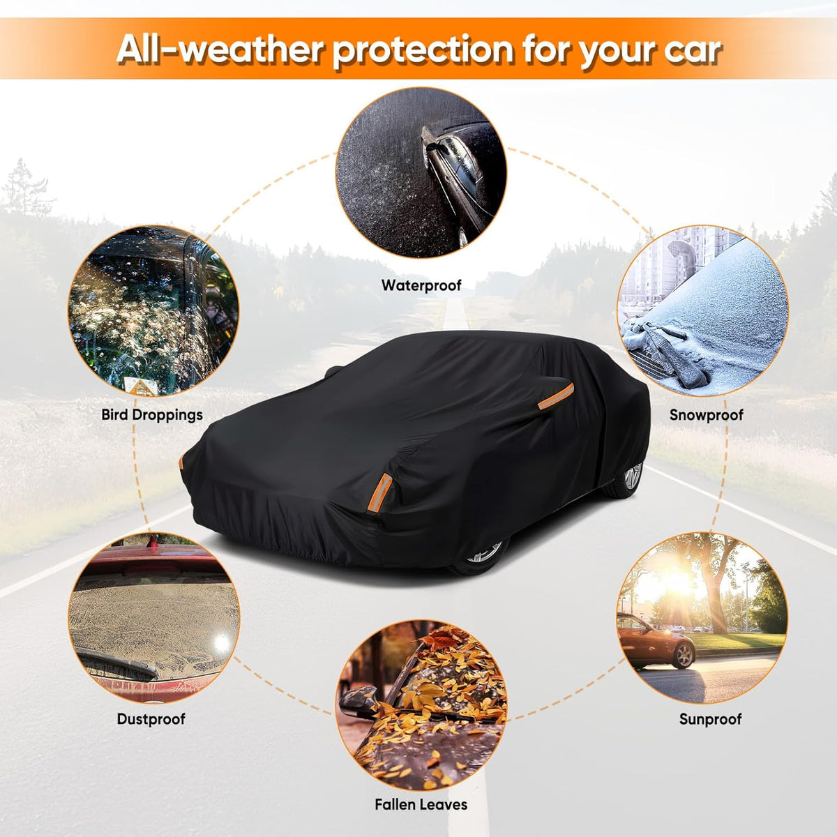 NEVERLAND Sedan Car Cover Waterproof Heavy Duty All Weather Protection Snow Anti-UV Windproof Outdoor Full Car Cover Fit for Automobiles BMW/Mercedes-Benz/Honda（for Car Size:183''L x 70''W x 59''H）