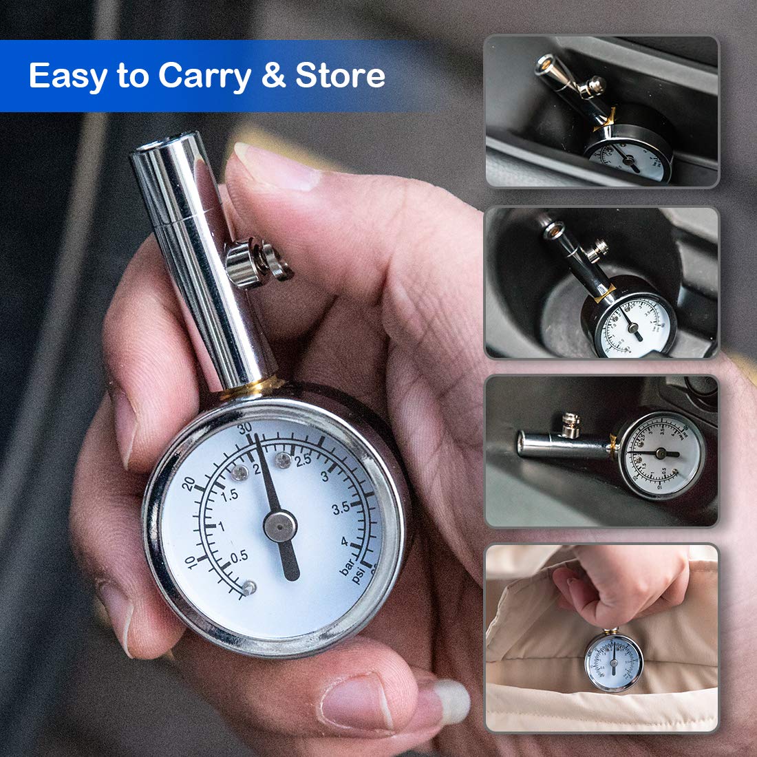 CZC AUTO Heavy Duty Tire Pressure Gauge Reader Checker 0-60PSI, ANSI B40.1 Accurate Mechanical Air Gage, Chrome Plated Single Chuck Dial Wheel Pressure Tester for Motorcycle Bike Car RV Bicycle