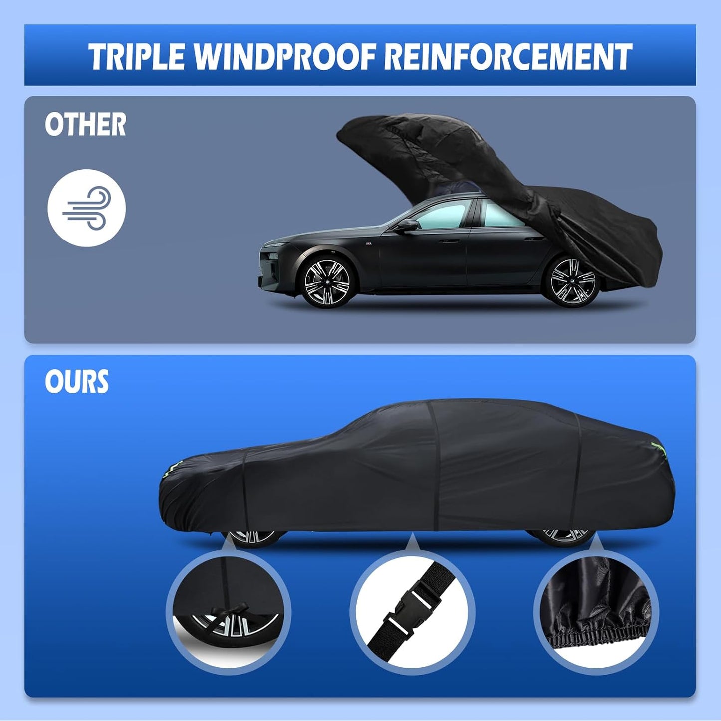 6 Layers Car Cover Waterproof All Weather for Automobiles, Size A3 with Zipper Cotton Fit for Toyota Camry, Honda Accord, Ford Mustang, Chevy Camaro/Malibu,Kia Optima/K5 (187-198 inch)