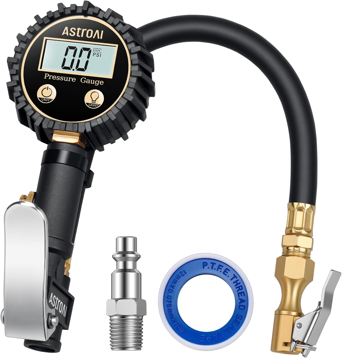 AstroAI Digital Tire Pressure Gauge with Inflator(3-250 PSI 0.1 for Display Resolution), Heavy Duty Air Chuck and Compressor Accessories with Rubber Hose and Quick Connect Coupler, Blue