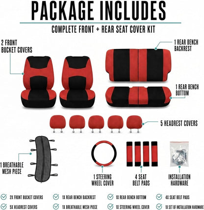 FH Group Full Set Cloth Car Seat Covers, Universal Fit Front and Split Bench Rear, Airbag Compatible, Washable for SUV, Sedan, Van - Black