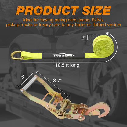 Heavy Duty Car Tie Down Straps with Flat Hook-10,000lbs Break Strength-4Pack Tire Ratchet Straps for Trailers,Trucks,UTV