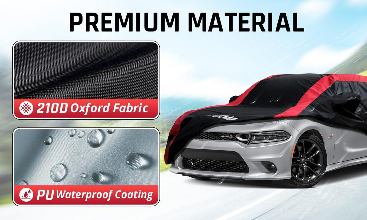 Car Cover Waterproof All Weather Protection with Red Stripe Design, Universal Fit Toyota Camry Solara, Ford Fusion, Kia Stinger Optima, Nissan Maxima, VW Passat, Subaru Legcy