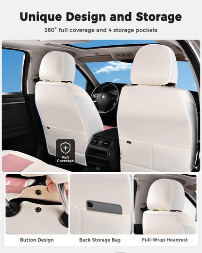Huidasource Coffee Seat Covers Full Set, Universal Fit for Most Cars Trucks SUV, Full Coverage Leather Seat Cover, Airbag, Cupholder Compatible, Velcro Adjustable, Heaating/Cooling Function Retain