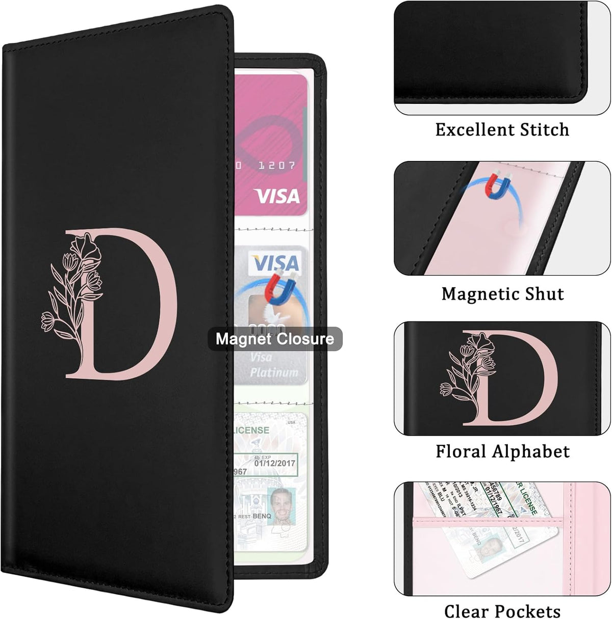 Letter Car Registration and Insurance Holder, with Magnetic Closure for License, Cards and Documents,Vehicle Glove Box Car Organizer, Interior Car Accessories for Women Men (M)