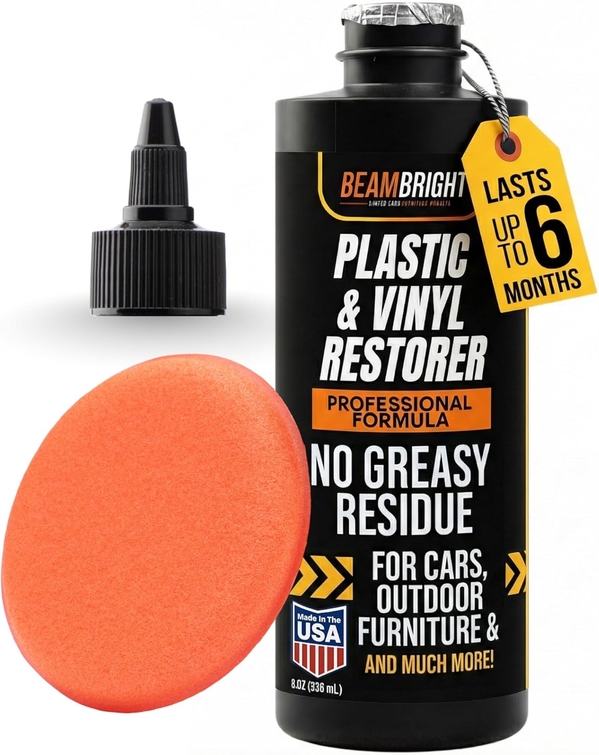 BEAM BRIGHT Plastic Trim Restorer – Dry, Non-Greasy for a True Natural Black Trim Finish for Severely Faded Car Trim & Vinyl. Long-Lasting UV Protection for Exterior & Interior Plastic – 8 oz