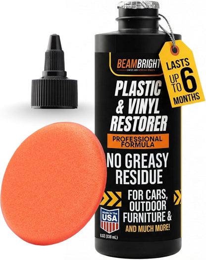 BEAM BRIGHT Plastic Trim Restorer – Dry, Non-Greasy for a True Natural Black Trim Finish for Severely Faded Car Trim & Vinyl. Long-Lasting UV Protection for Exterior & Interior Plastic – 8 oz