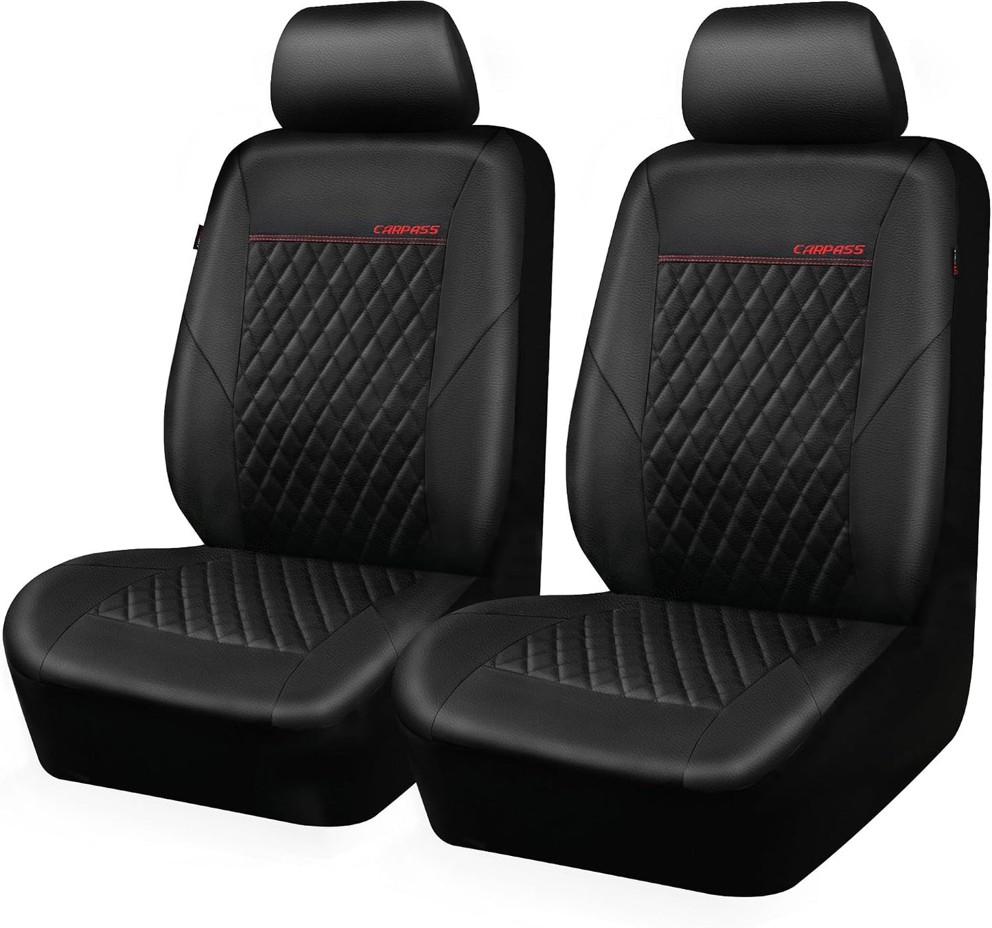 CAR PASS Quilting Leather Seat Cover Two Front Seats Only, Universal Fit Automotive Front Seat Covers Waterproof Deluxe PU Premium Vinyl Luxury for Cars Sedan Van SUV Airbag Compatible 2 Pieces,Black