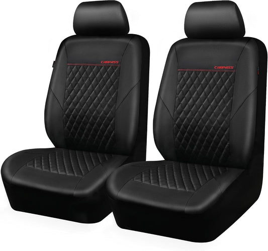 CAR PASS Quilting Leather Seat Cover Two Front Seats Only, Universal Fit Automotive Front Seat Covers Waterproof Deluxe PU Premium Vinyl Luxury for Cars Sedan Van SUV Airbag Compatible 2 Pieces,Black
