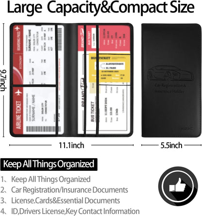 Car Registration and Insurance Card Holder - Leather Vehicle Glove Box Automobile Documents Paperwork Wallet Case Organizer for ID, Driver's License, Key, Cards - Car Accessories for Women&Men