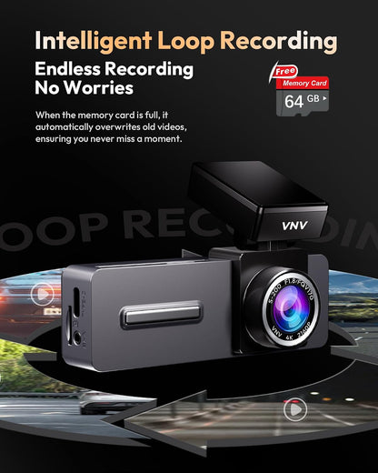 VNV 4K+2.5K Dash Cam Front and Rear, GalaxyCore Sensor, Free 64GB Card Included, Built-in WiFi App Control, Dash Camera for Cars with WDR Night Vision,170°Wide Angle, 24H Parking Mode, 2" IPS, S-V200