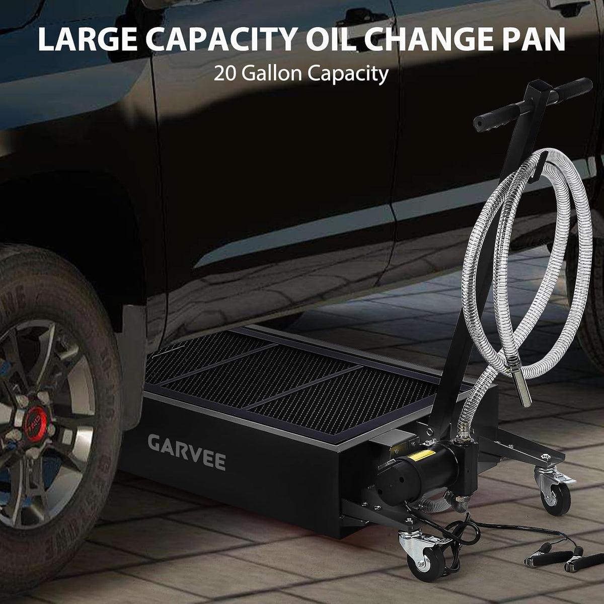 Garvee 20 gal Oil Drain Pan Oil Drain Tank, 76 L Low Profile Oil Drain Pan, Large Capacity Oil Change Pan with Manual Pump & T Foldable Hand and Wheels, 8 ft Hose Oil Drain Cart for Car, SUV, Trucks