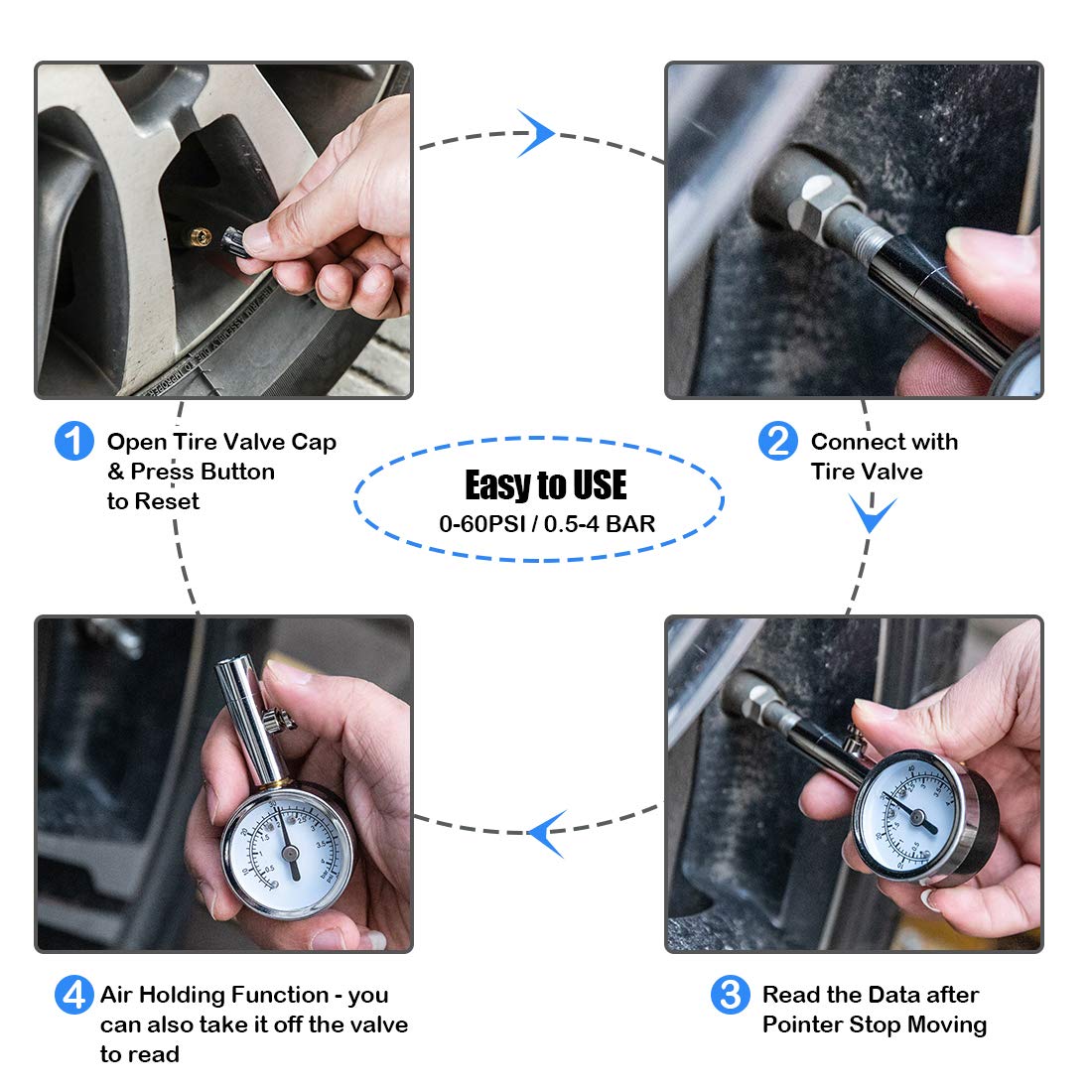 CZC AUTO Heavy Duty Tire Pressure Gauge Reader Checker 0-60PSI, ANSI B40.1 Accurate Mechanical Air Gage, Chrome Plated Single Chuck Dial Wheel Pressure Tester for Motorcycle Bike Car RV Bicycle