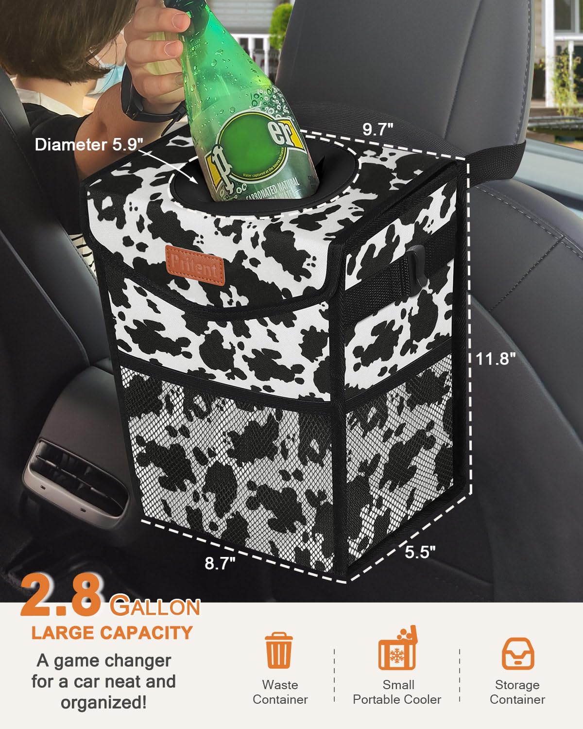 Pritent Car Trash Can with Lid, Cute Leakproof Car Trash Garbage Bag Hanging Vehicle Trash Bin Small Portable Automotive Garbage Cans Organizer for Back/Front Seat/Console(Trapezoid,Black)