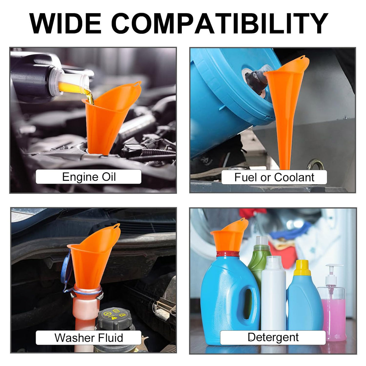 3-Pack Long-Neck Oil Funnels, 11" Multi-Purpose Funnels for Automotive & Motorcycle Use – Reusable Funnel for Oil, Gas & Transmission Fluid (Orange&Blue&Black)