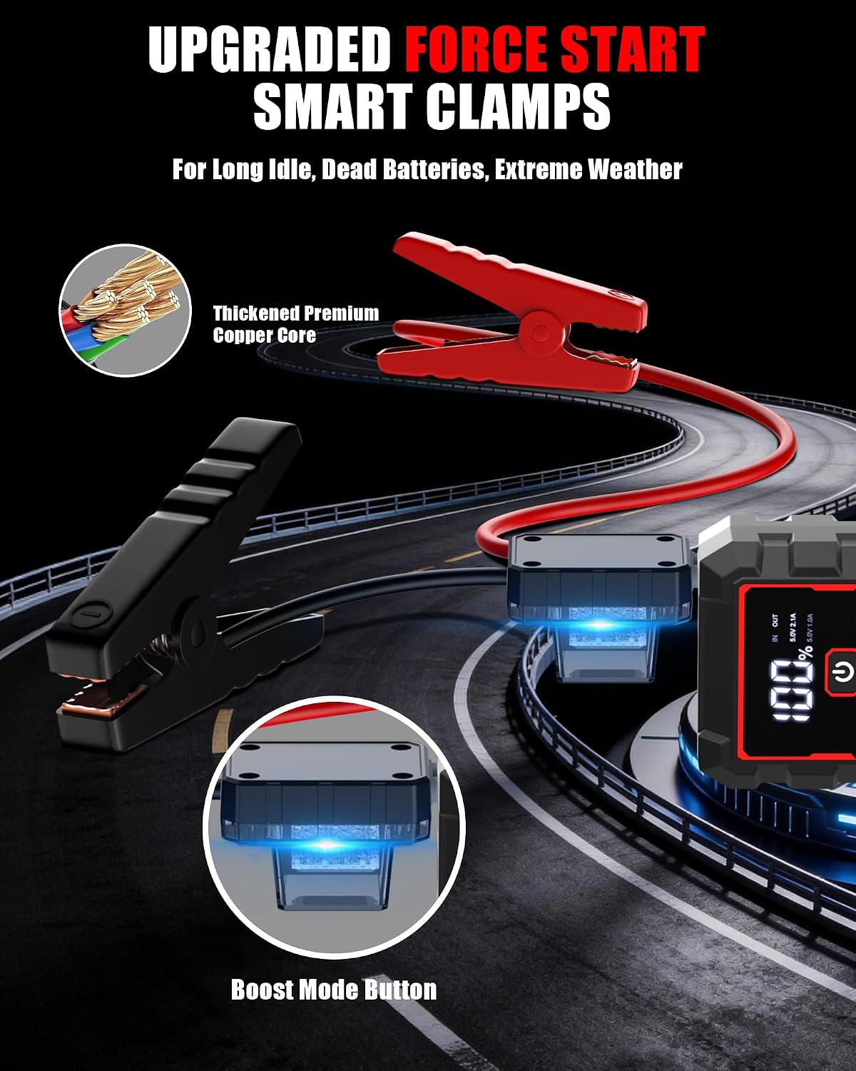 Jump Starter, Battery Jumper Starter Portable, Car Battery Jump Starter with 3 Modes Flashlight, Compass, Power Bank and Jumper Cable