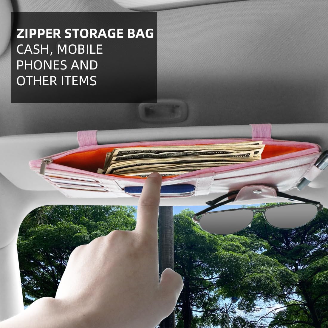 Car Visor Organizer, Auto Interior Accessories, Car Truck SUV Storage Pouch Holder, with Multi-Pocket Net Zipper (Black)