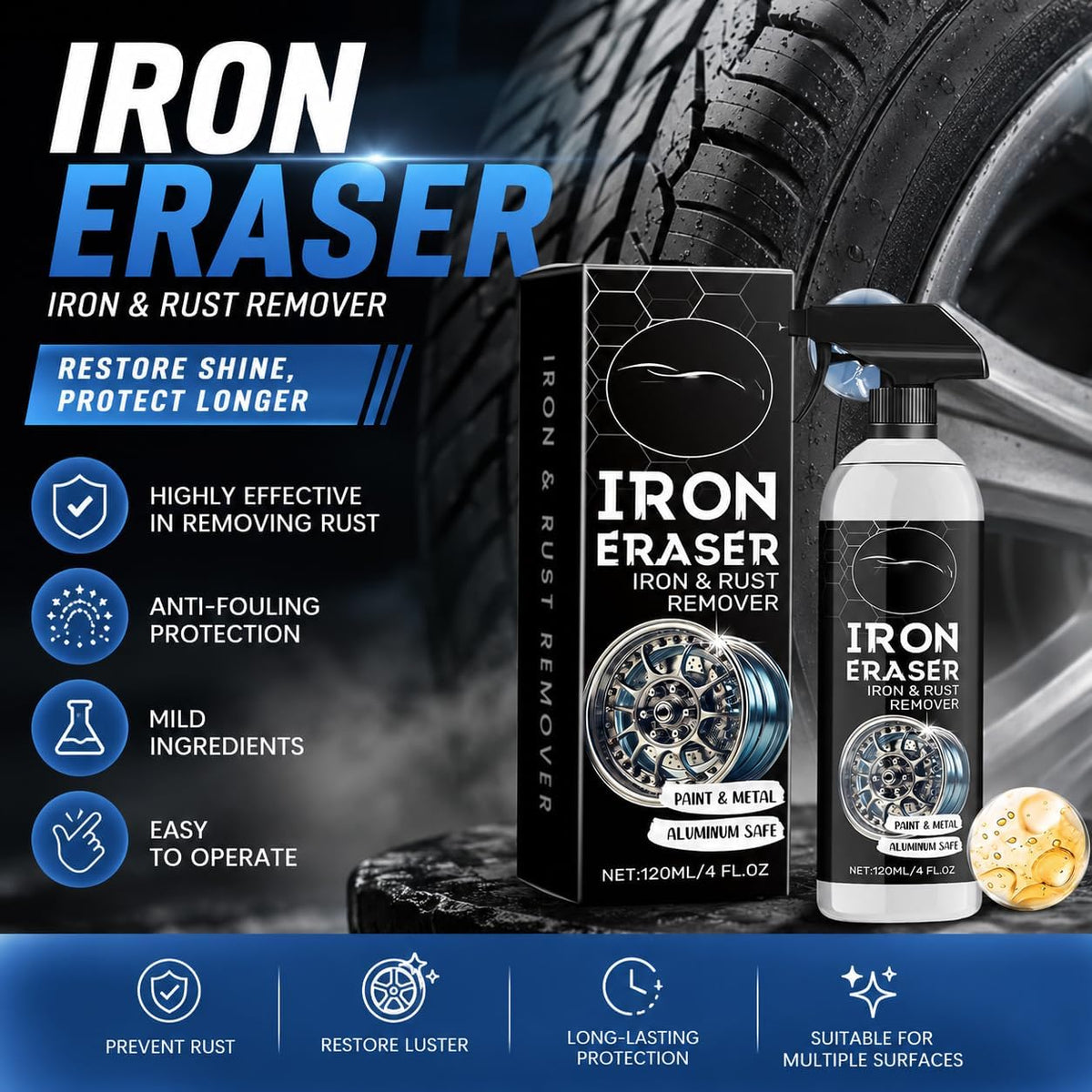Iron Eraser Iron and Rust Remover Spray, Iron Powder Fallout Cleaner for Automotive Paint & Wheels, 2PCS