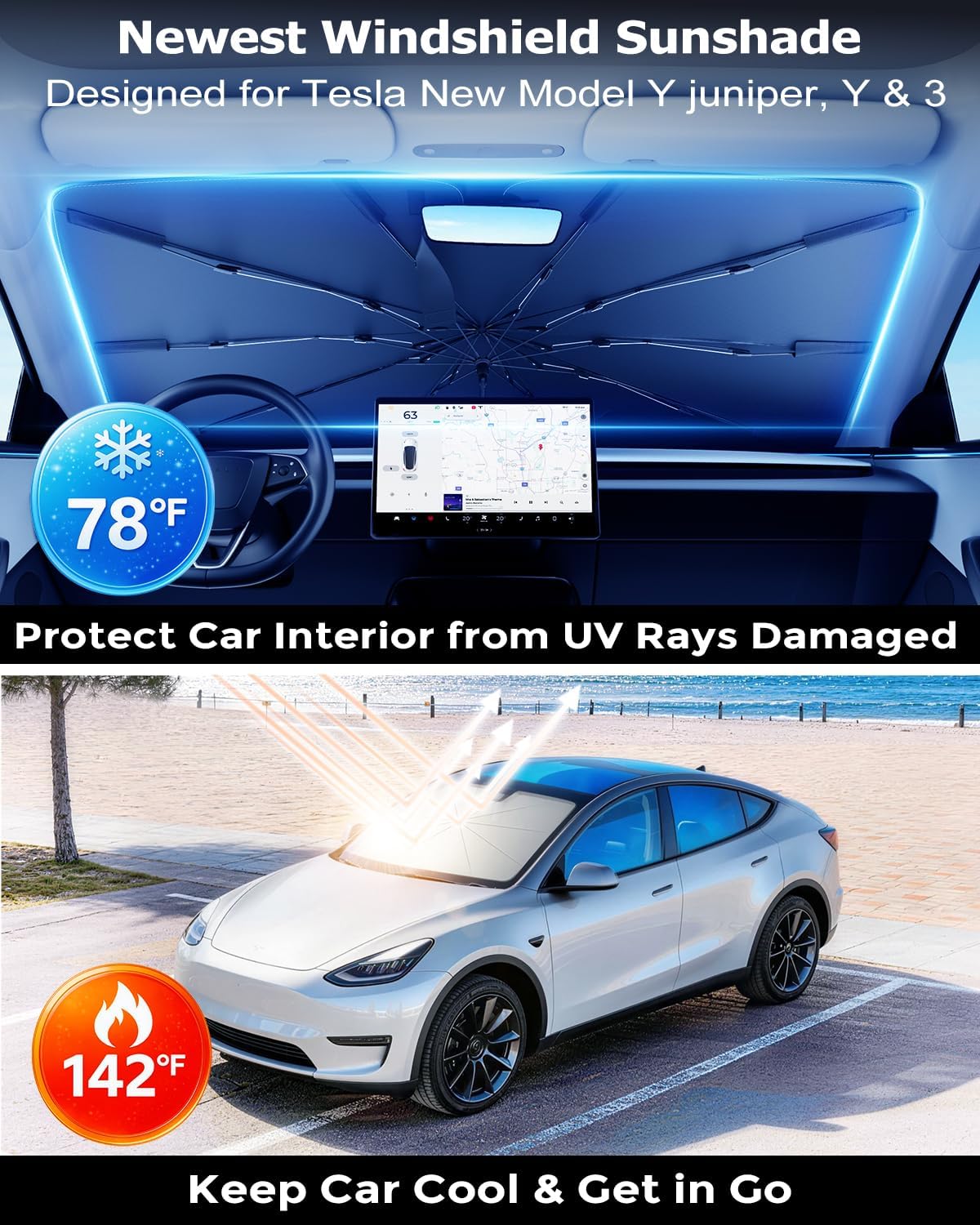 DMJN Umbrella Windshield Sun Shade - Medium, Car Sunshade for Front Windshield [Nano Ice-Crystal Coatings] UPF50+ Heat & UV Block, Protect Interior & Keep Cooler Universal for Car, SUV, Truck