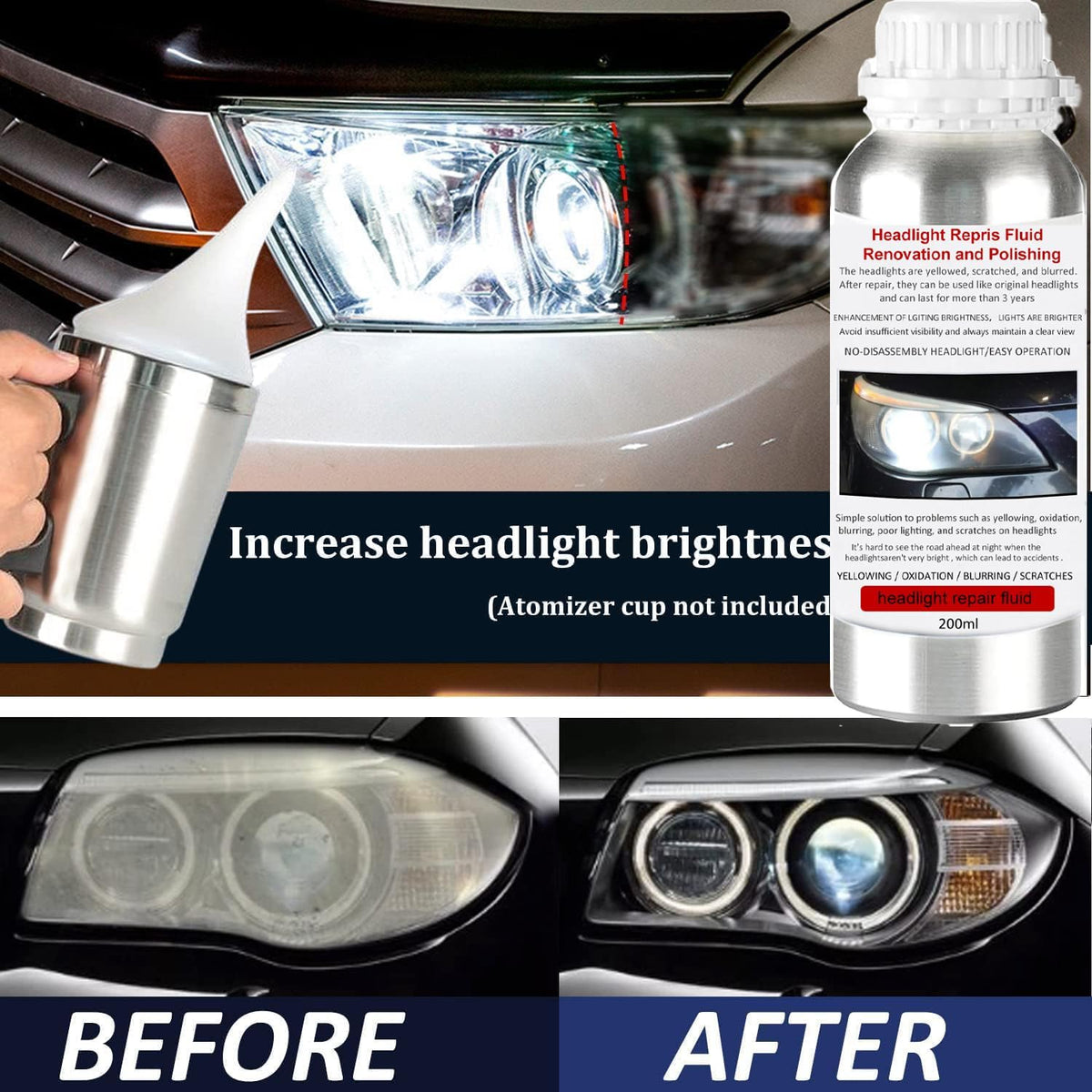 Car Headlight Restoration Kit, Auto Headlight Lens Polish Repair Kit Atomizing Cup Headlight Vapor Renovation Tool with 200ml Liquid for Repair of Scratch,Yellowed, Haze, Oxidized, Cracked Headlights