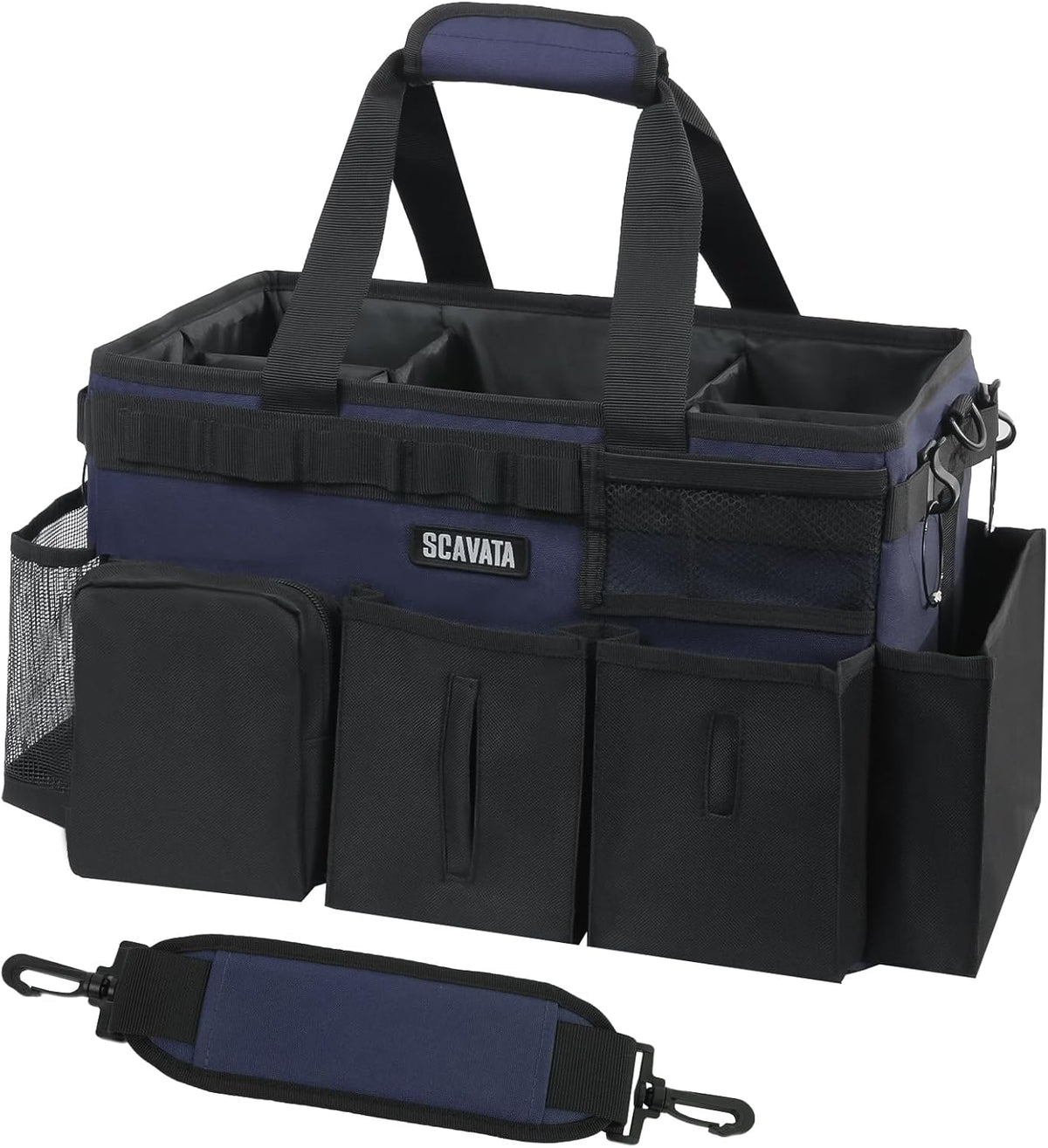 SCAVATA Wearable Cleaning Caddy Bag, Supplies Organizer with Handle & Shoulder Straps for Housekeepers, Under Sink & Car Cleaning Tool Organizer with 4 Foldable Dividers (Black)