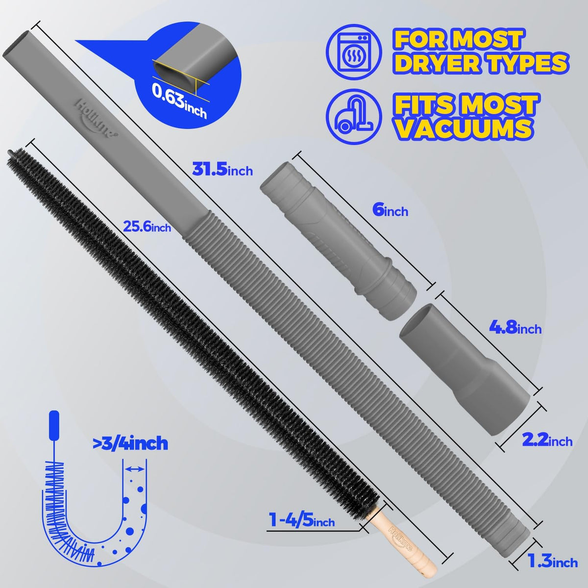 Holikme 2 Pieces Dryer Vent Cleaner Kit, Dryer Lint Vacuum Attachment and Flexible Dryer Lint Brush, Dryer Vent Vacuum Hose Attachment,Blue