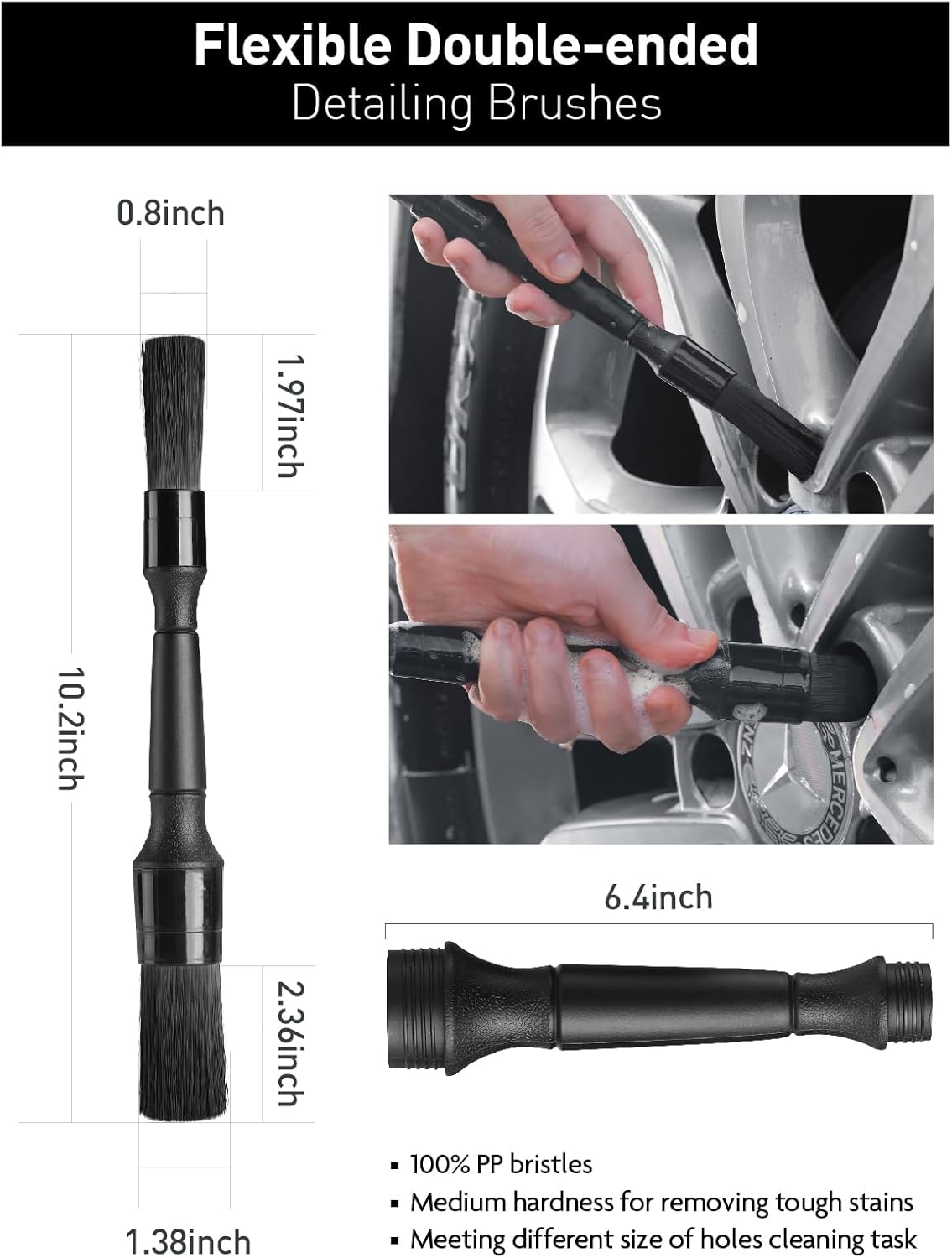 Fantasticlean 7PCS Car Wheel Brush Kit, Tire Brush for Car Owners & Auto Detailers, Soft-bristled Rim Brush, Flat Wheel Brush, Double-Ended Detailing Brush and Pads for Home Shop, Cars Trucks RVs