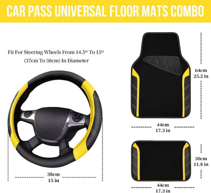 CAR PASS Air Mesh Leather Car Seat Covers Full Set, Waterproof Car Floor Mats, Sporty Steering Wheel Cover 14.5-15in, Universal Fits for 95% Cars Truck SUV (Black and Blue)