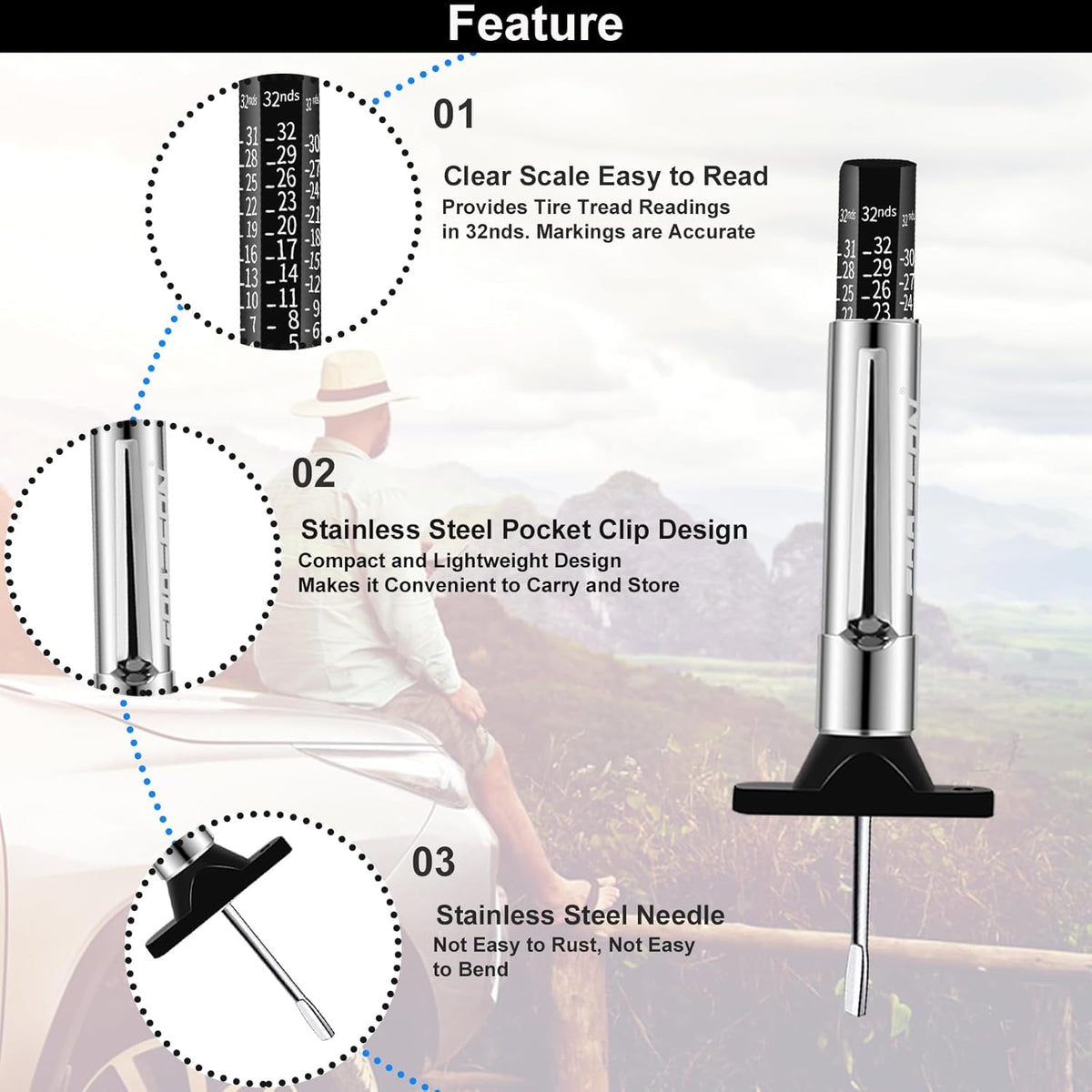 GODESON Tire Tread Depth Gauge, Tire Depth Gauge 32nds, Professional Tire Tread Gauge Tools, Accurate Measurement Tread Depth Metric Gauges for Motorcycle, School Bus, SUV Most Vehicle（Black）