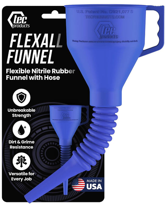 TEC Products FlexAll Long Flexible Funnels - Automotive Oil Funnel with Hose, Durable Nitrile Rubber for Oil Change, Transmission Funnel Fluid, Diesel, Fuel, Gas - Made in USA - Red (16 x 5 Inches)
