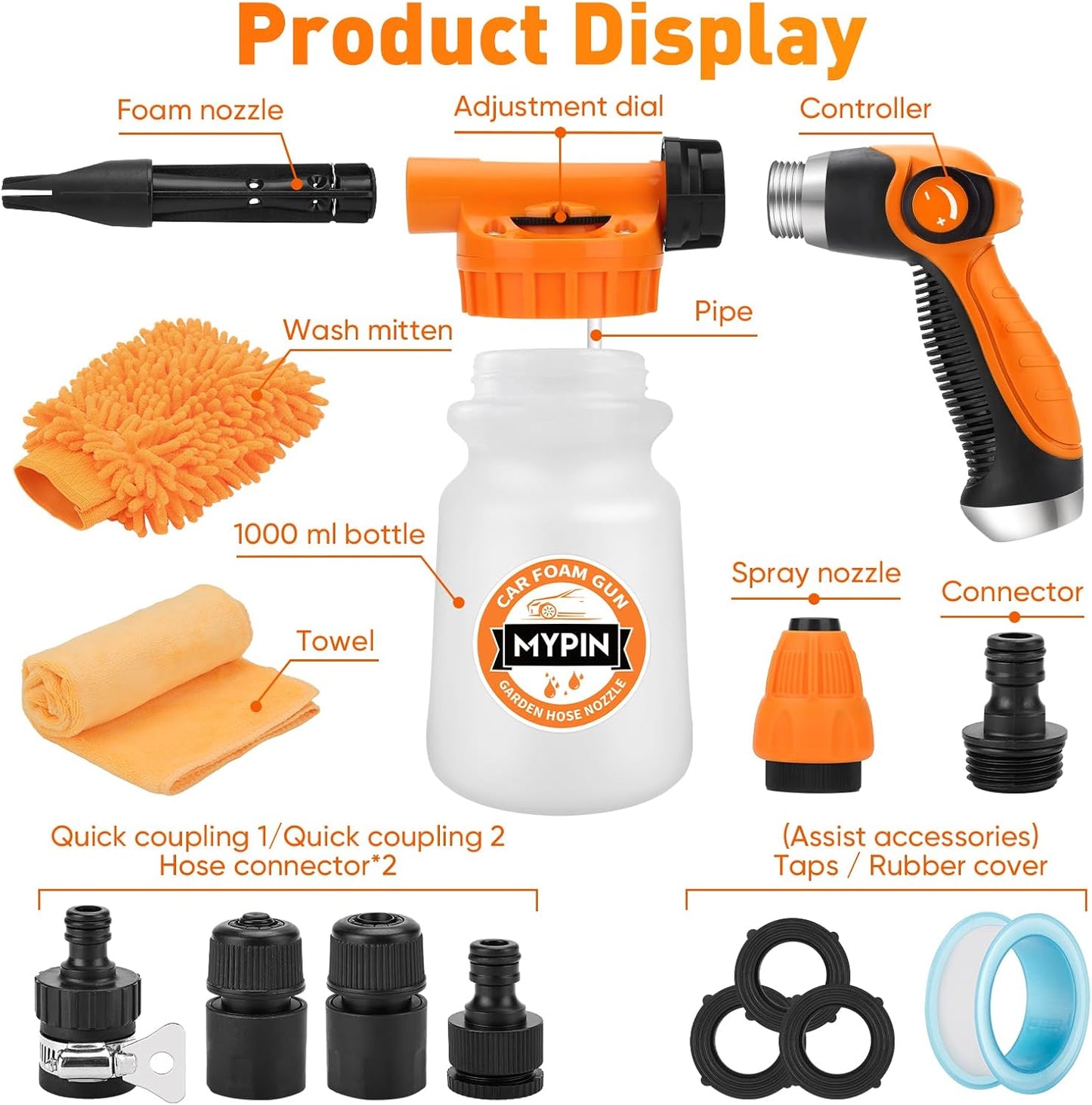 16 IN 1 Car Wash Foam Gun, Foam Cannon,Adjustable Hose Wash Sprayer with 2.5 to 6 Bars Foam Blaster,Wash Mitten &Towel,Suitable for Car Cleaning and Garden Use with 1/2” Quick Connector