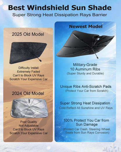 DMJN Umbrella Windshield Sun Shade - Medium, Car Sunshade for Front Windshield [Nano Ice-Crystal Coatings] UPF50+ Heat & UV Block, Protect Interior & Keep Cooler Universal for Car, SUV, Truck