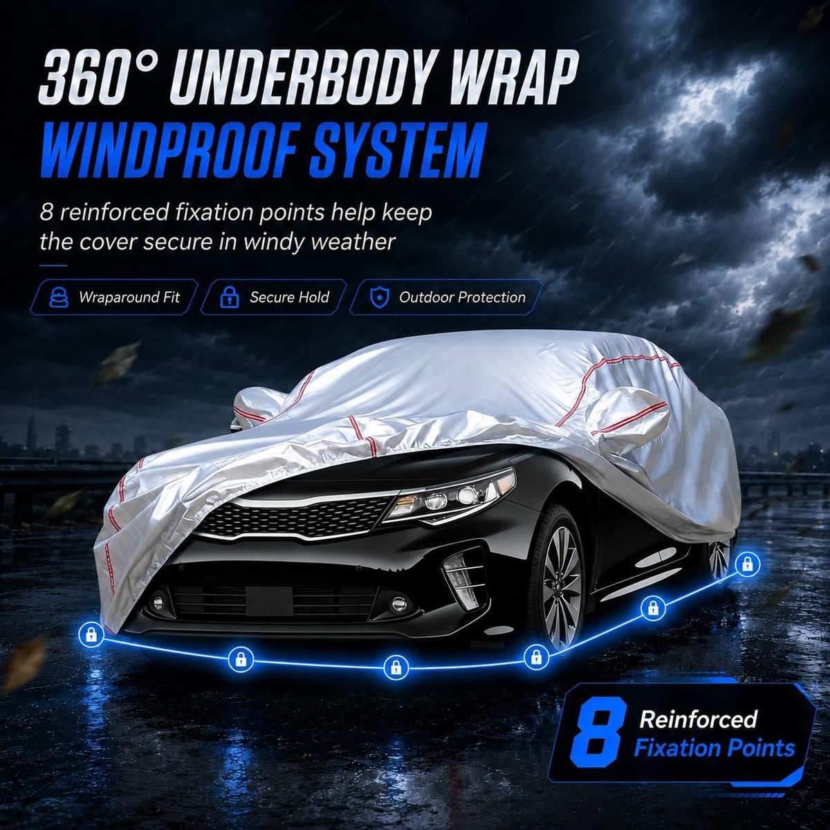 Car Cover for Sedan, Waterproof All Weather Heavy Duty, 360° Underbody Wrap Windproof Design, Quick Install Outdoor Vehicle Cover, Fits 186-193 in