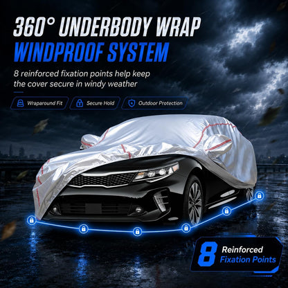 Car Cover for Sedan, Waterproof All Weather Heavy Duty, 360° Underbody Wrap Windproof Design, Quick Install Outdoor Vehicle Cover, Fits 186-193 in