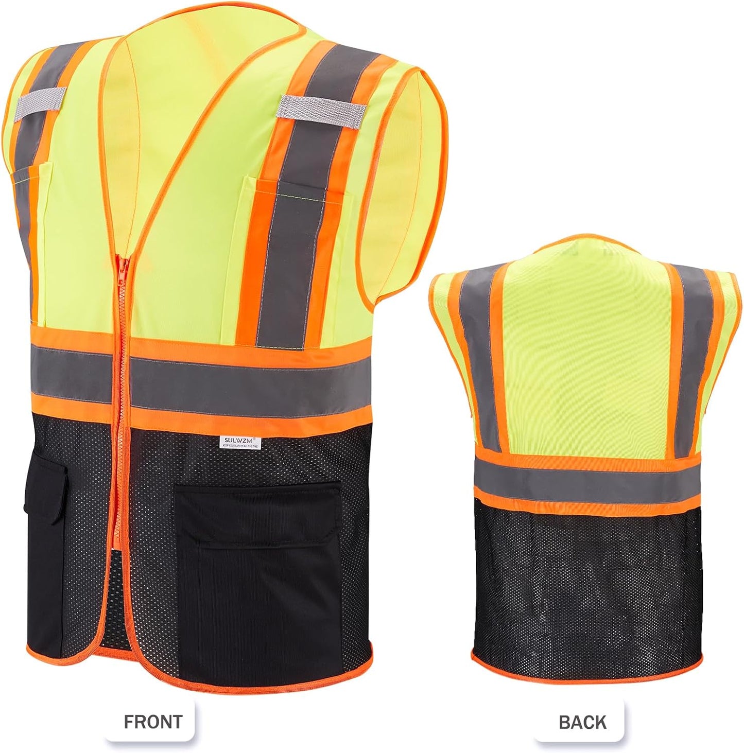 High Visibility Reflective Safety Vest with Zipper and Pockets Orange,M