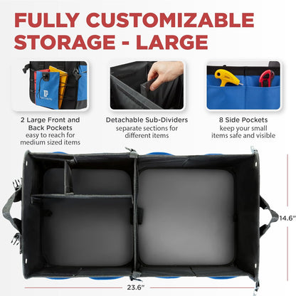 TRUNKCRATEPRO Trunk Organizer For Car, Suv, Truck | Premium Adjustable Multi Compartments Collapsible Car Trunk Organizer With Securing Straps & Non-Slip Bottom (Large Size, Black)