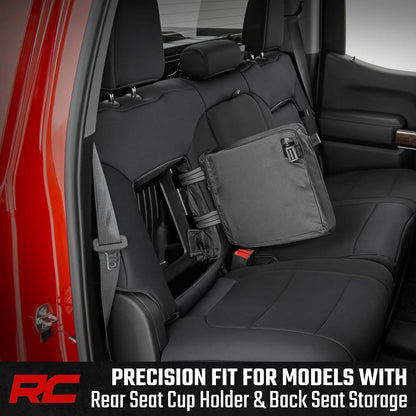 Rough Country Neoprene Seat Covers for Chevy Silverado & GMC Sierra 1500 (2019-2026) w/No Rear Seat Storage or Cup Holder - Waterproof & UV Resistant, Foam Padded, Front & Rear Row Cover Set