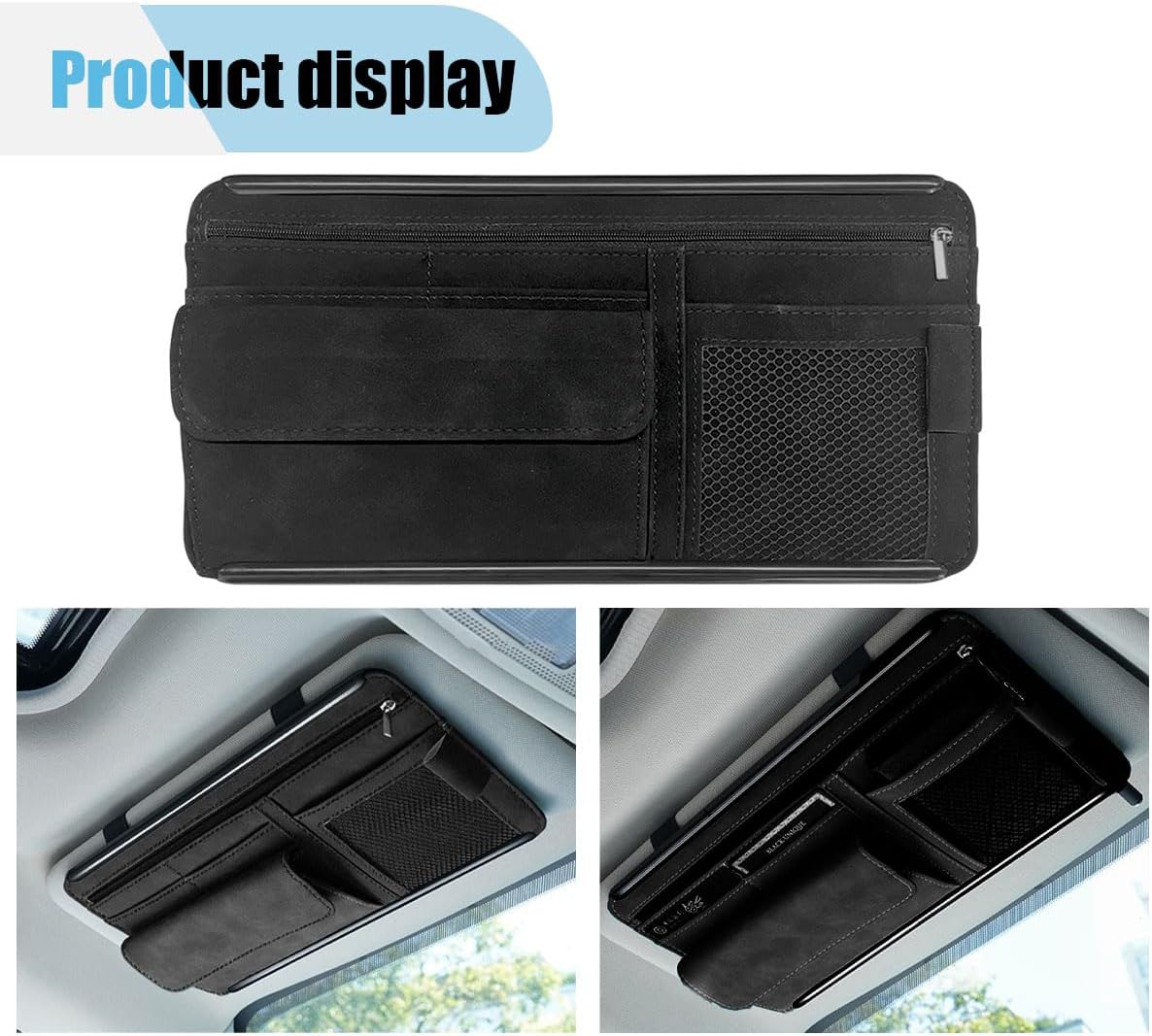 Suede Car Sun Visor Organizer with Multi-Pocket Net Zipper, Glasses Case, Sunglass Holder (Grey)