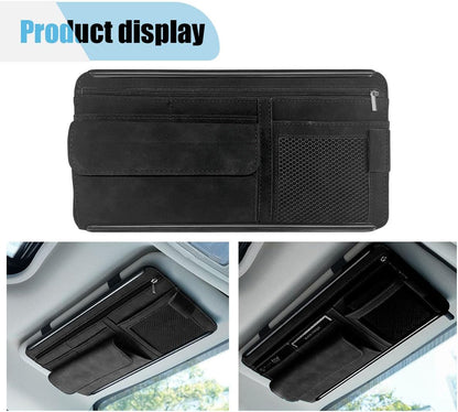 Suede Car Sun Visor Organizer with Multi-Pocket Net Zipper, Glasses Case, Sunglass Holder (Grey)