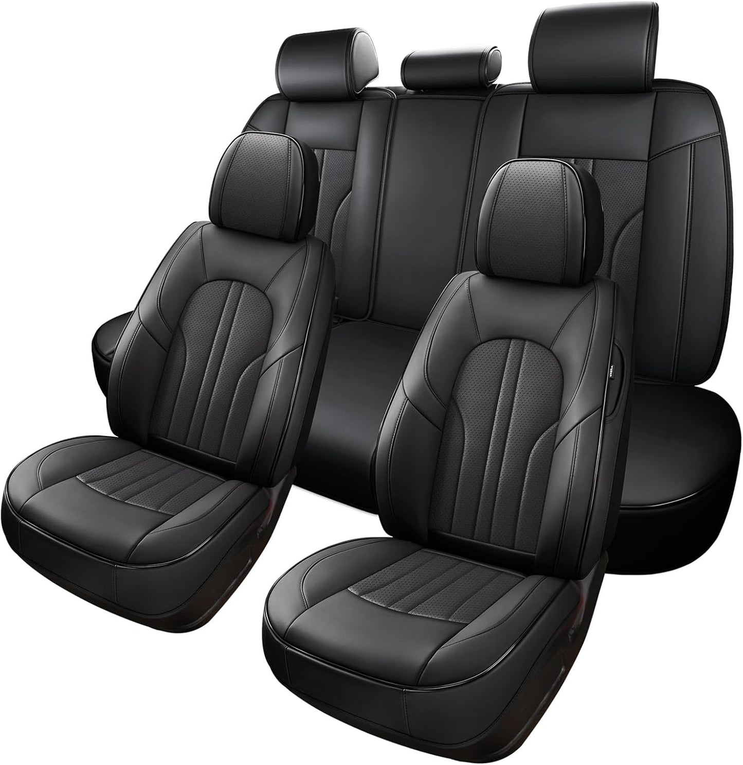 MINGBRON Car Seat Cover Full Set, Leather Car Seat Cover, Waterproof Seat Covers, Car Seat Cushion, Nappa Leather Seat Covers Car Seat Protector Universal Fit Most Cars Black
