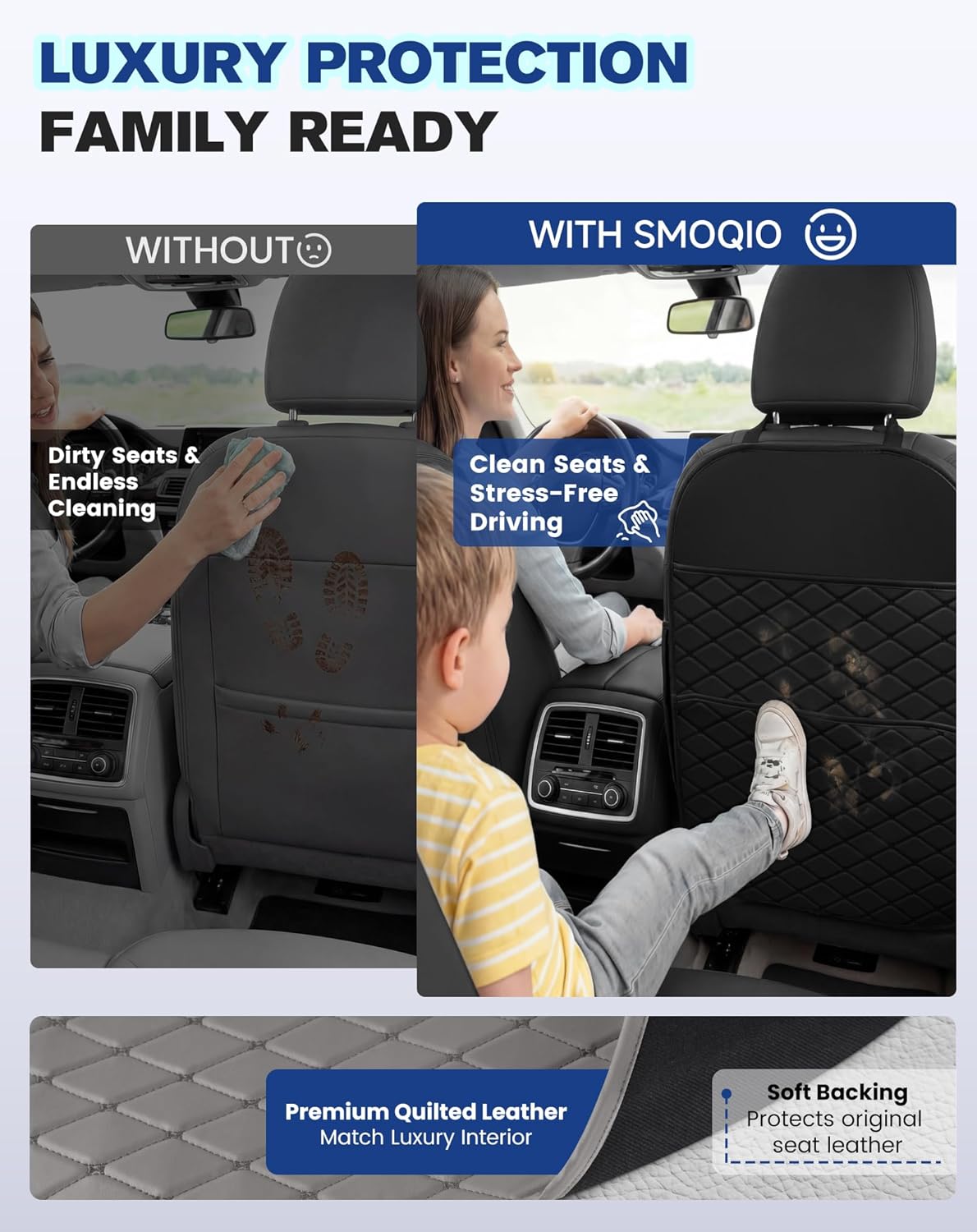 Seat Back Protectors for Kids, Car Kick Mats for Back of Front Seats with Large Pocket Organizer, Waterproof, Protects Against Dirt, Scuffs & Scratches, Fits Most Vehicles, 2PCS (Black)