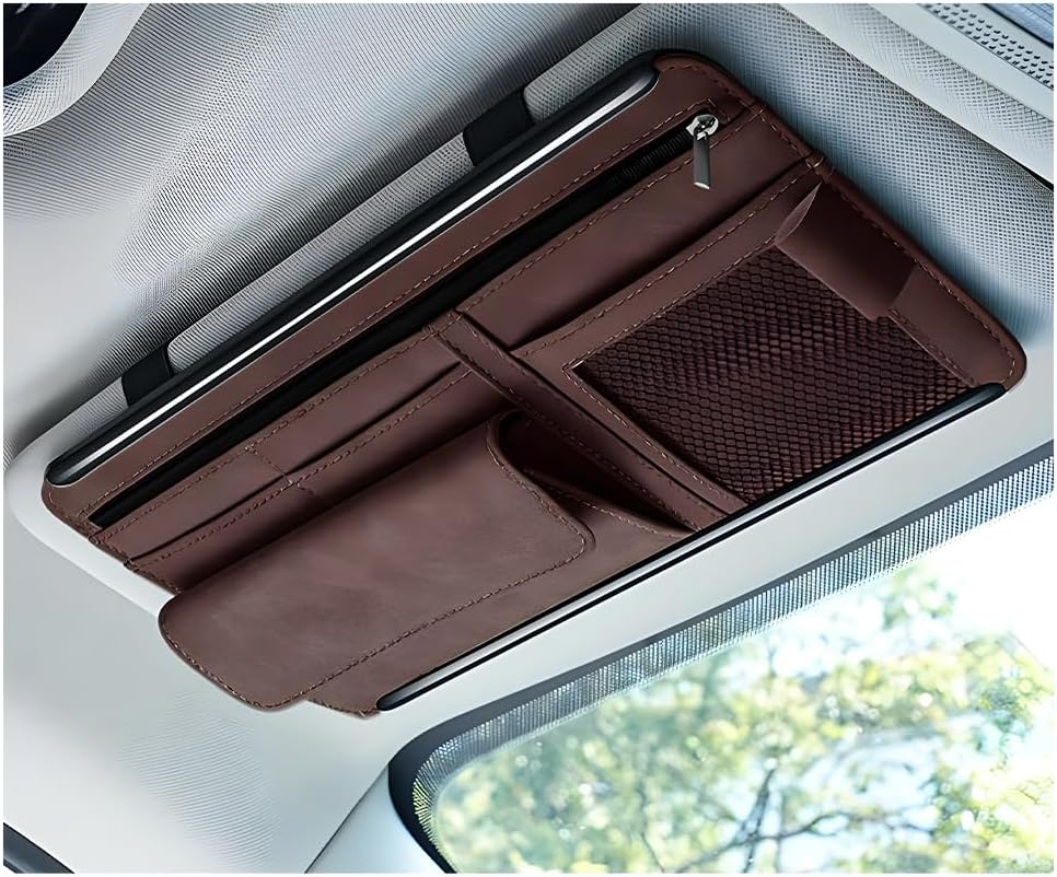 Yourkar Car Sun Visor Organizer, Soft Leather Surface Eyeglasses Note Card Holder Car Storage Bag, Scratch-Resistant Waterproof Auto Sunshade Organizer Bag, Car Accessories (Gray)